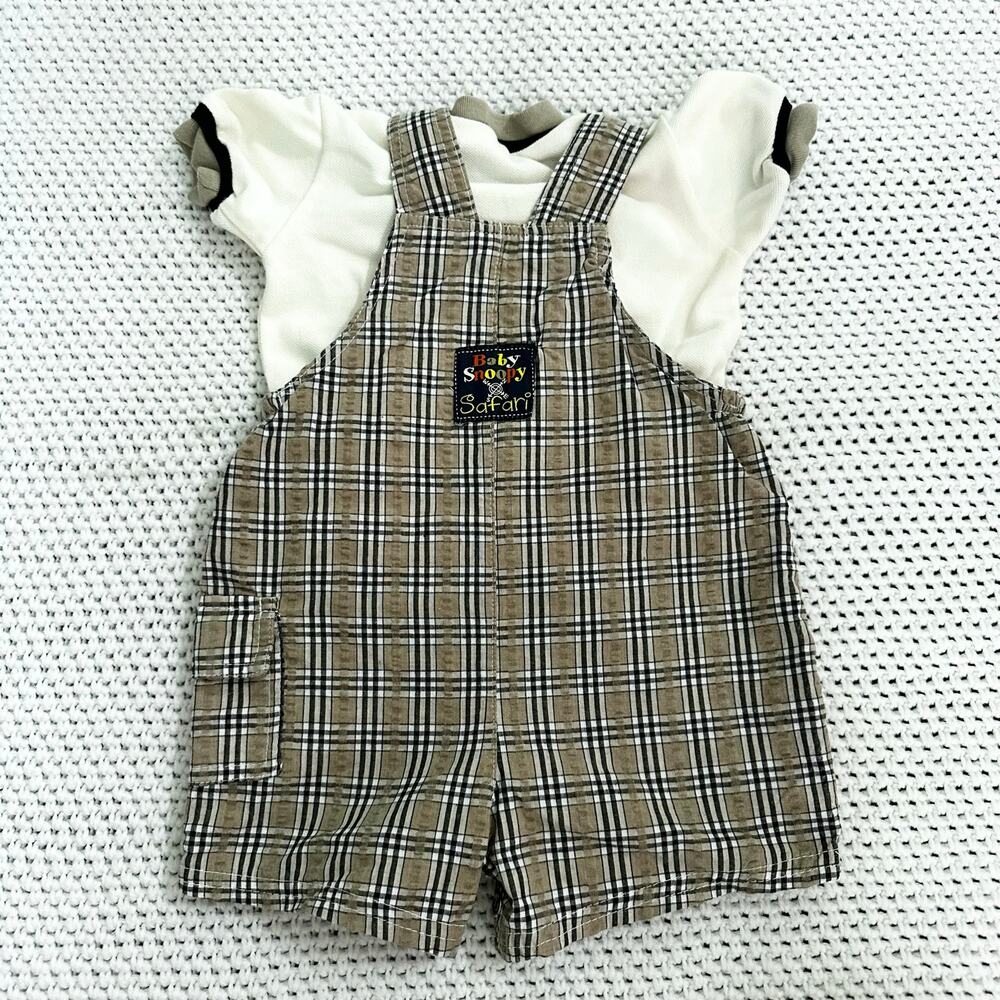 Baby Snoopy Safari Brown Grid Plaid Cargo Overalls Tee Shirt Bucket Hat 6-9M Y2K - Picture 4 of 7